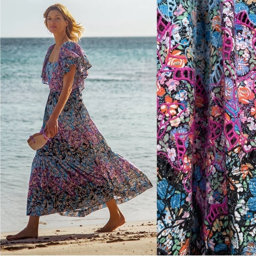 ANTHROPOLOGIE BLOGGER Fave Blue Purple
Floral Ruffle Eyelet Maxi Dress s